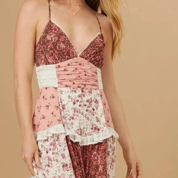 Womens Floral Maxi Dress Polyester Spaghetti Strap Backless Tiered Boho - Picture 3 of 4